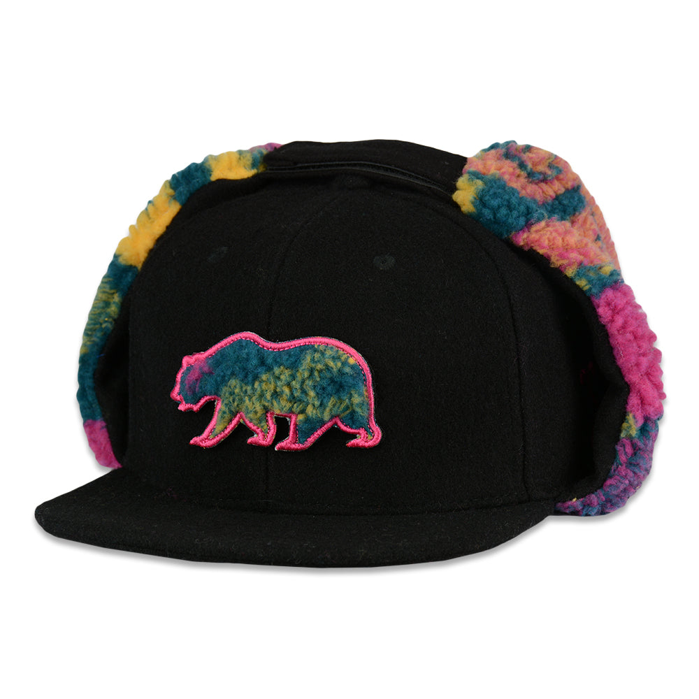 Removable Bear Trippy Tundra Black Earflap Snapback Hat