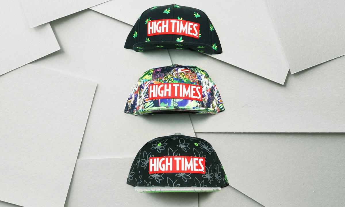 three high times branded hats in various colors