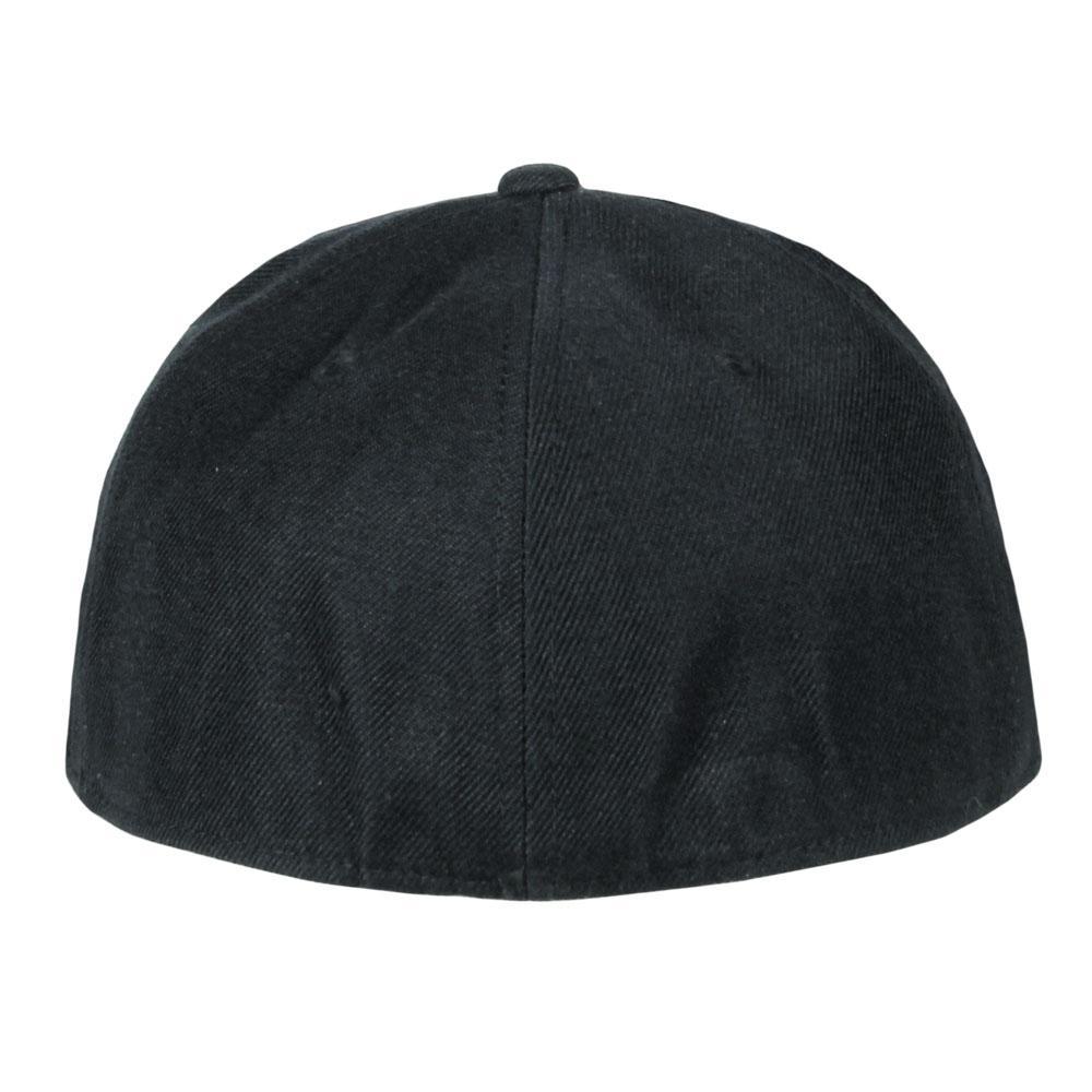 Black fitted hat with curved crown and short brim, plain exterior