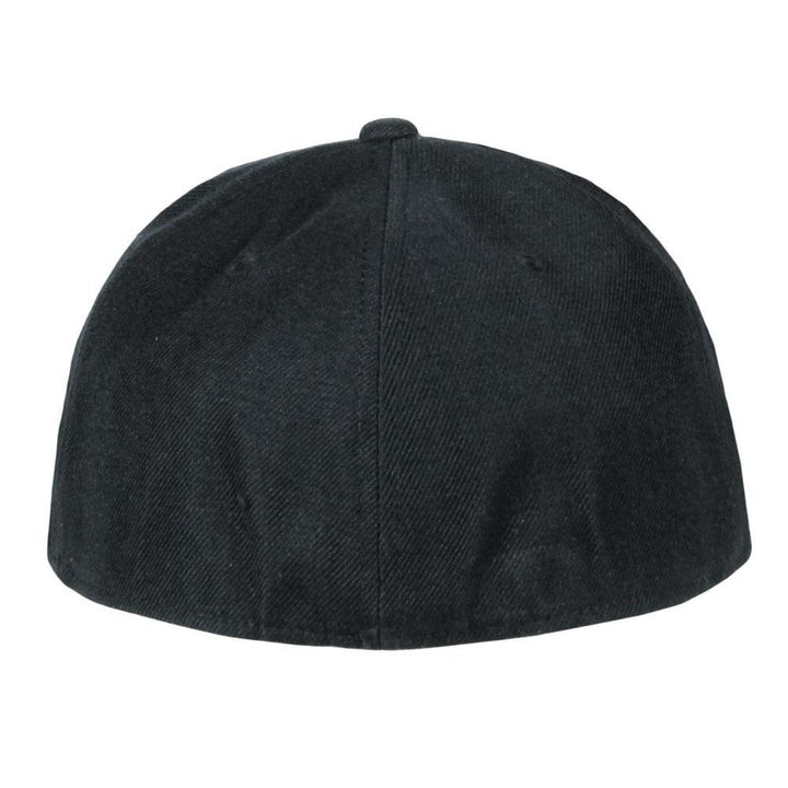 Black fitted hat with curved crown and short brim, plain exterior