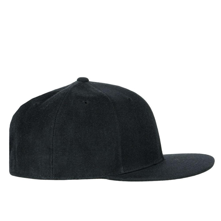 Black fitted hat, side profile with flat short brim and curved crown