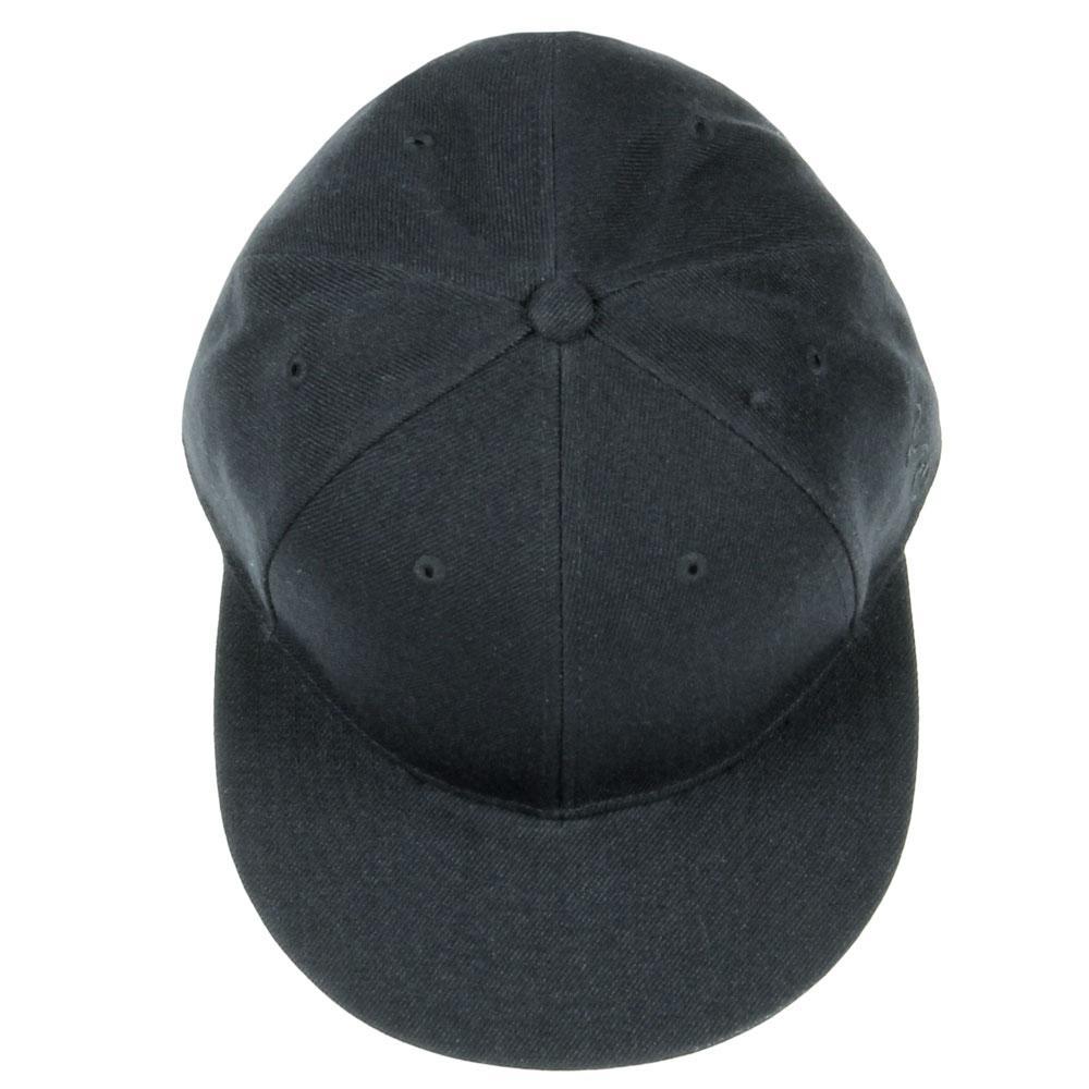Black fitted hat with top panel stitching and center button on crown