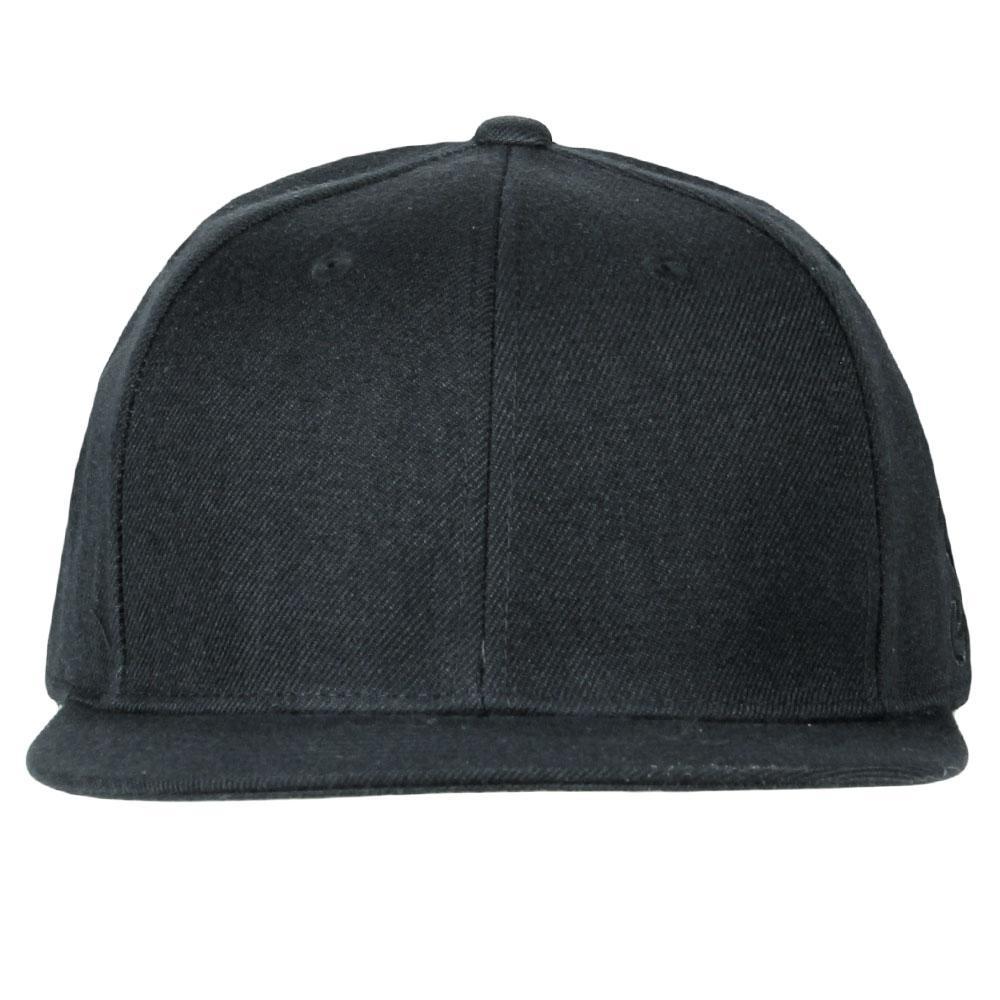Black fitted hat with smooth crown front seam and short flat brim