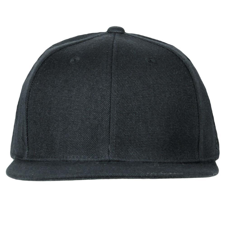 Black fitted hat with smooth crown front seam and short flat brim