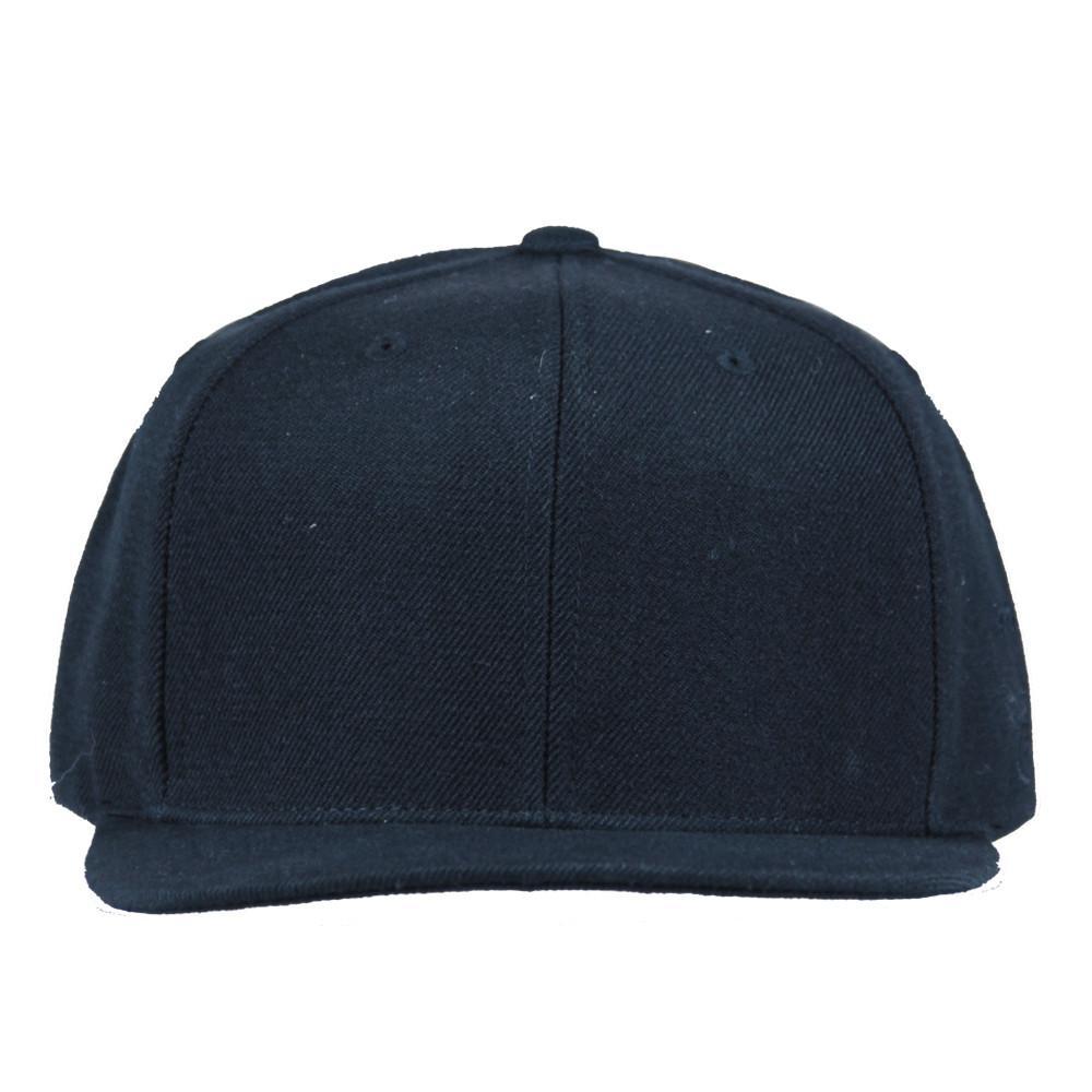 Black snapback cap with curved brim and center front seam