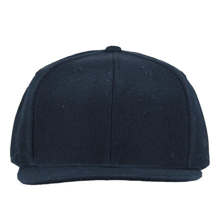 Black snapback cap with curved brim and center front seam