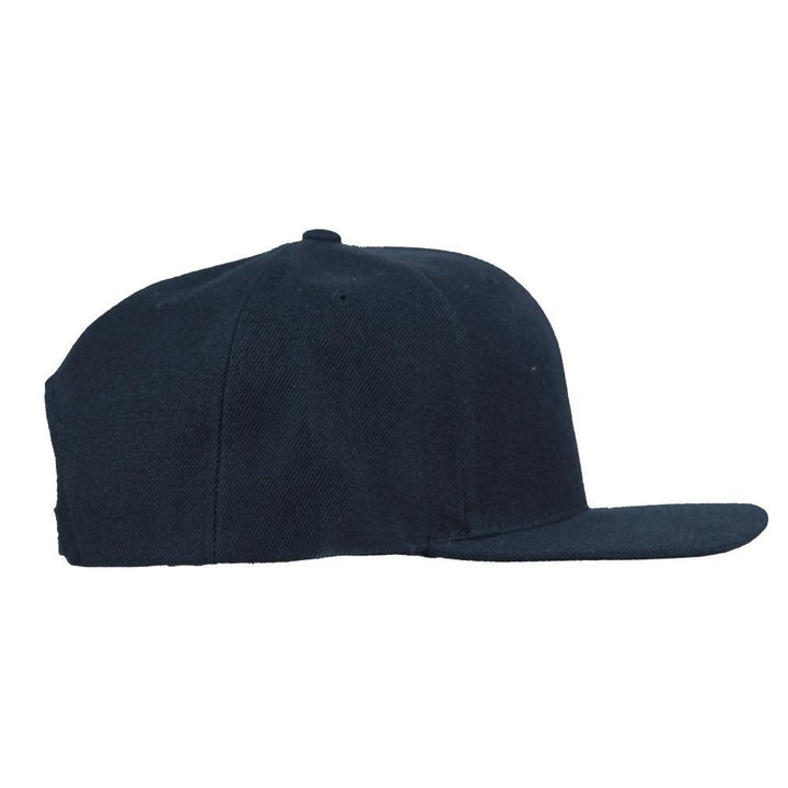 Black snapback cap side profile with curved brim and low crown
