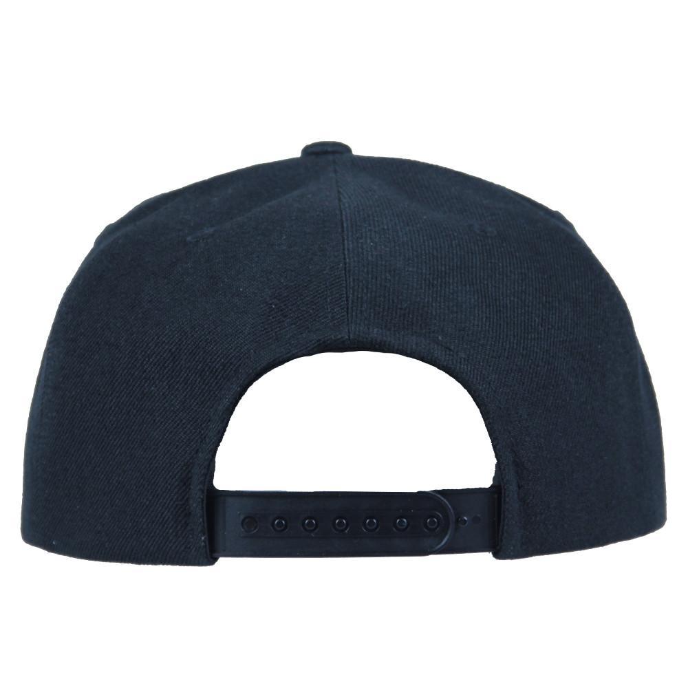 Black snapback cap with adjustable back strap and row of eyelets