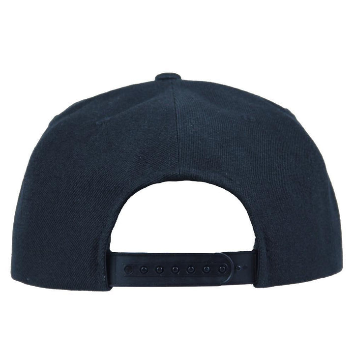 Black snapback cap with adjustable back strap and row of eyelets