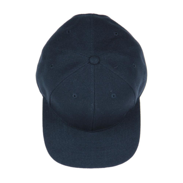 Black snapback cap top with crown button and ventilation eyelets