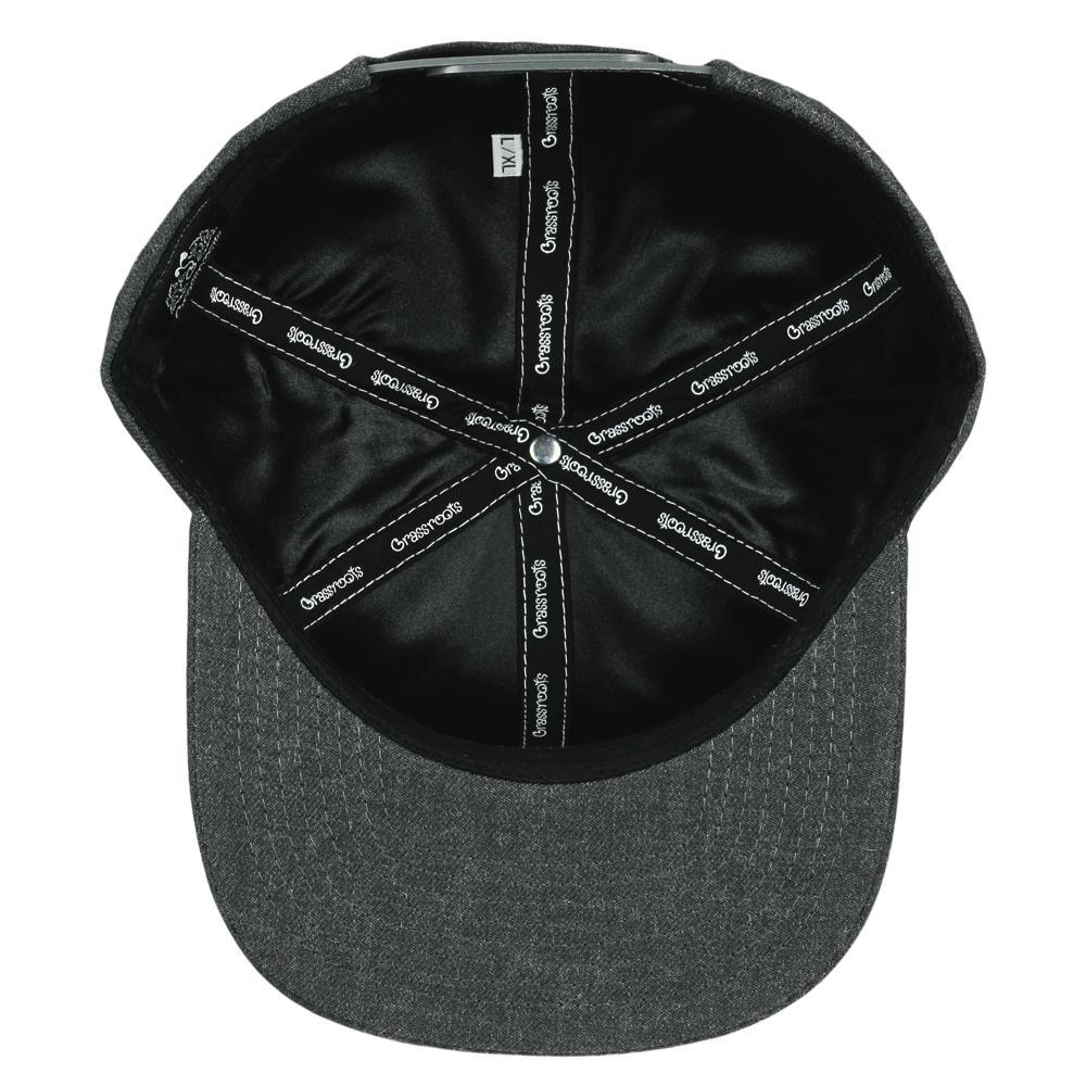 Gray snapback baseball cap with black mesh lining and stitched circular pattern