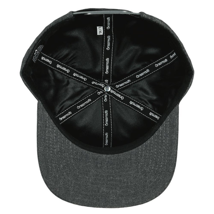 Gray snapback baseball cap with black mesh lining and stitched circular pattern