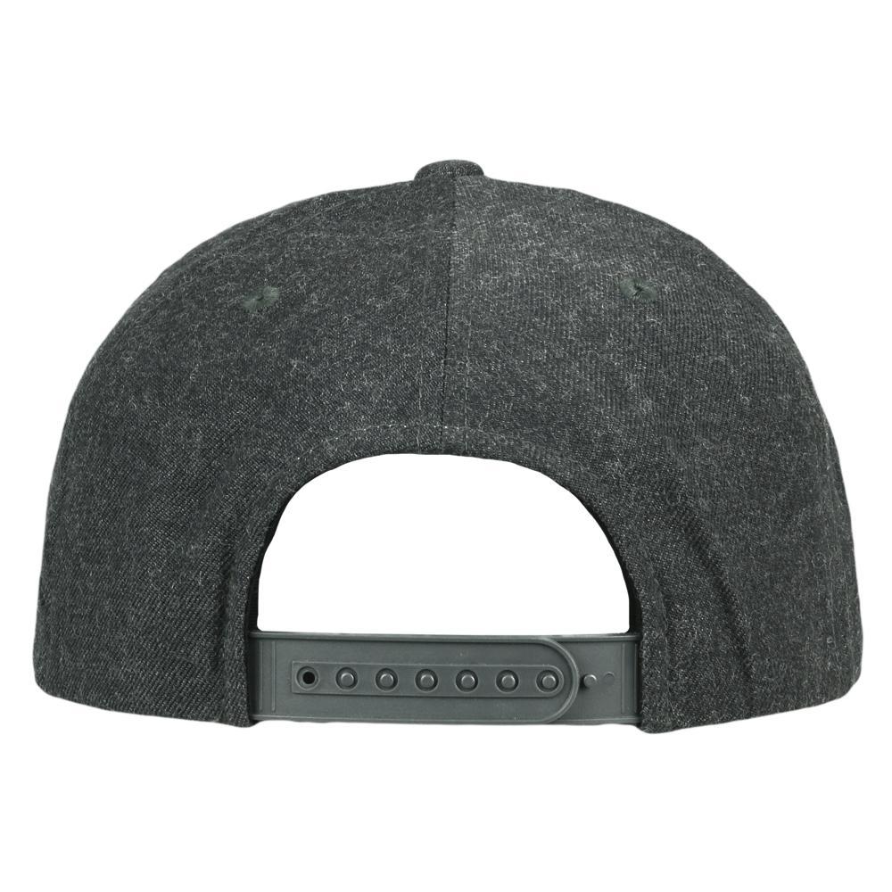 Gray snapback baseball cap with adjustable plastic strap on the back