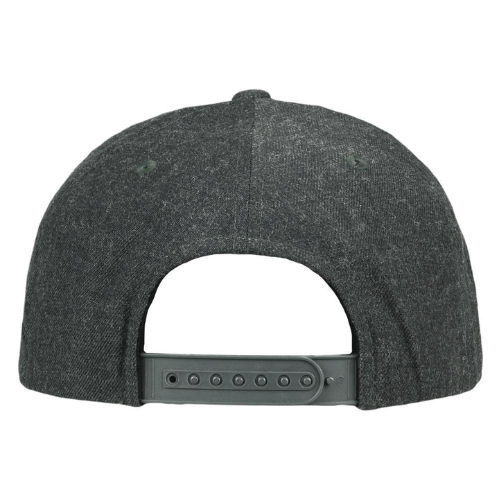 Gray snapback baseball cap with adjustable plastic strap on the back