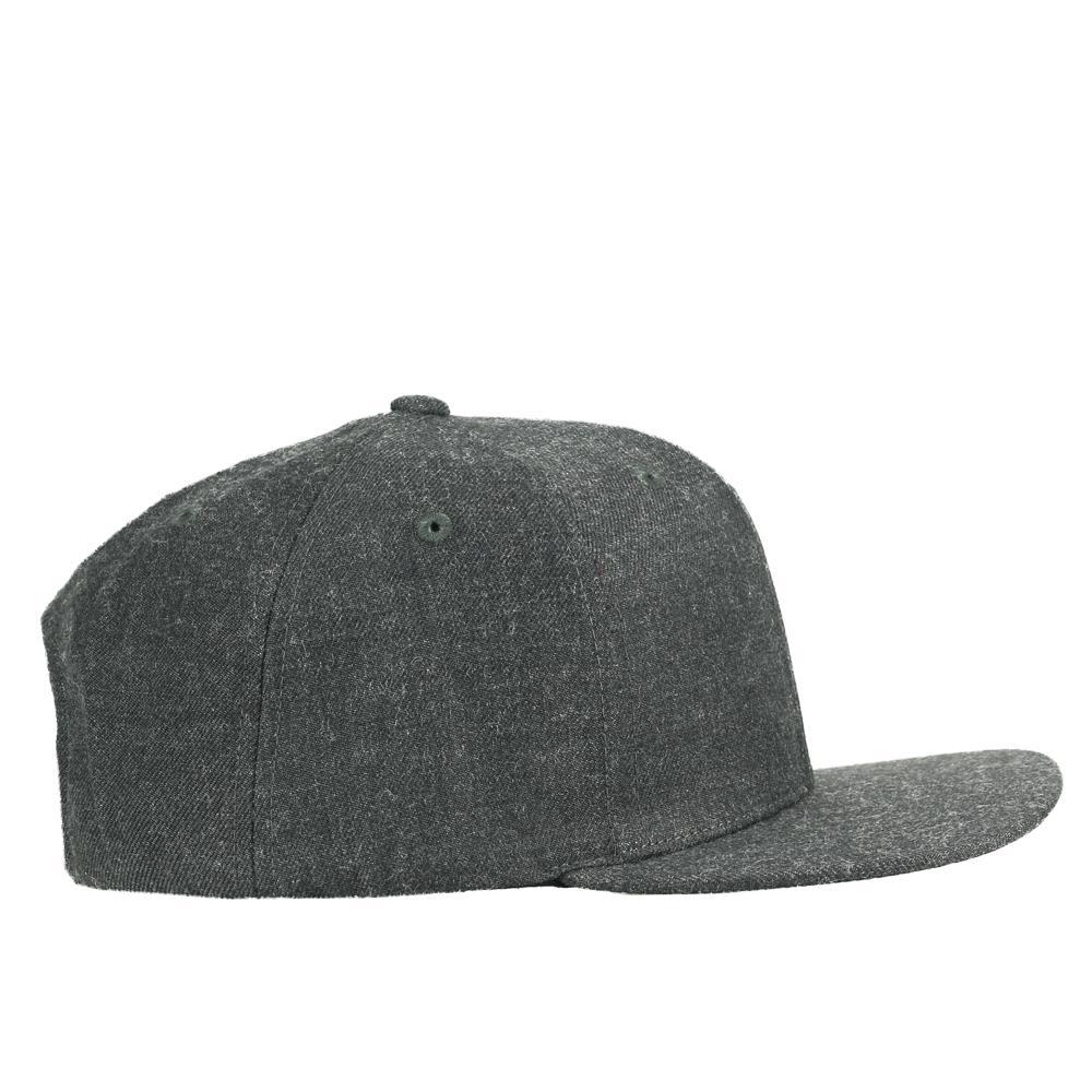 Gray snapback baseball cap with curved brim and side seam stitching