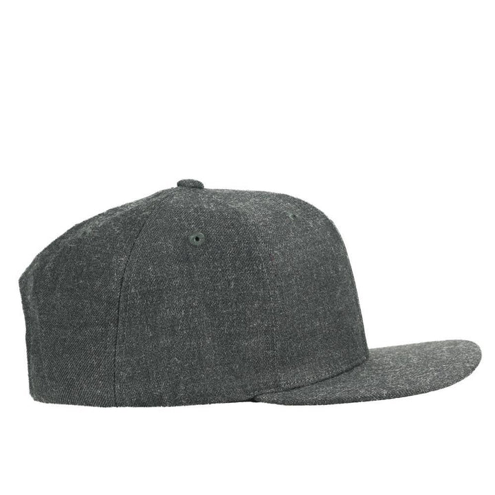 Gray snapback baseball cap with curved brim and side seam stitching