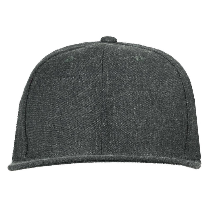 Gray snapback baseball cap front panel with curved brim and top button