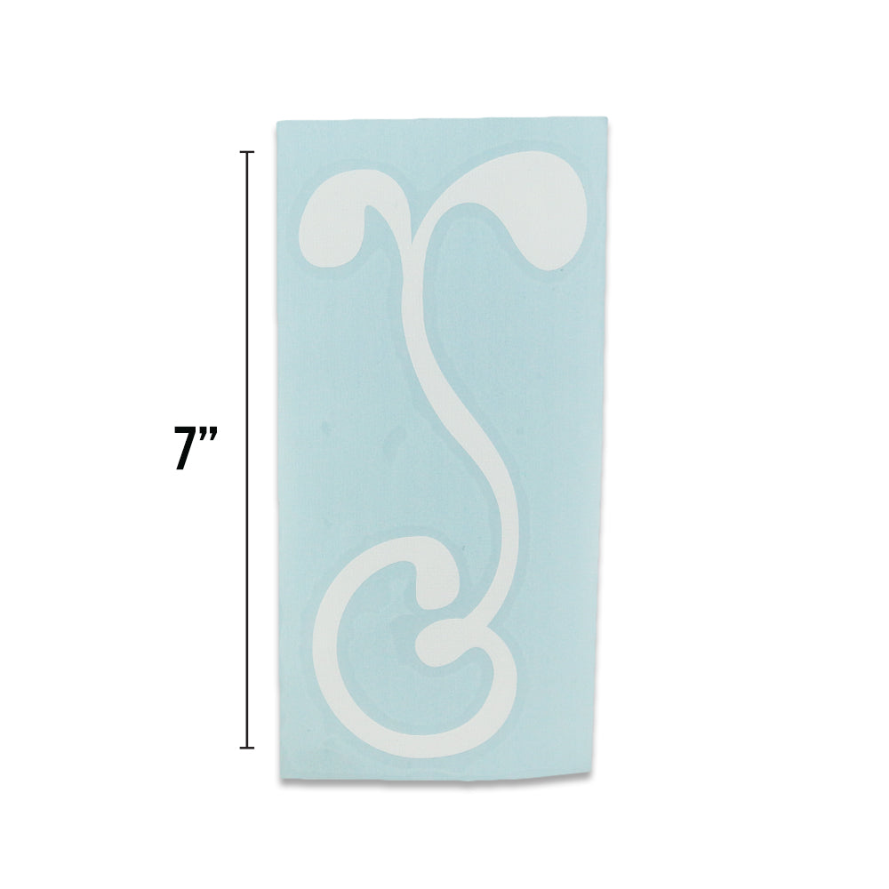 7-in kiss cut sticker with white swirl letter on light blue backing