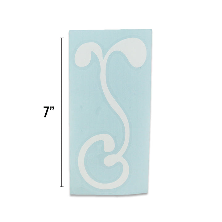 7-in kiss cut sticker with white swirl letter on light blue backing