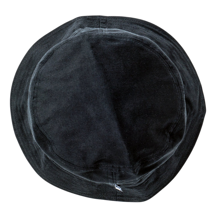 Black reversible bucket hat with stitched crown, shown from the top