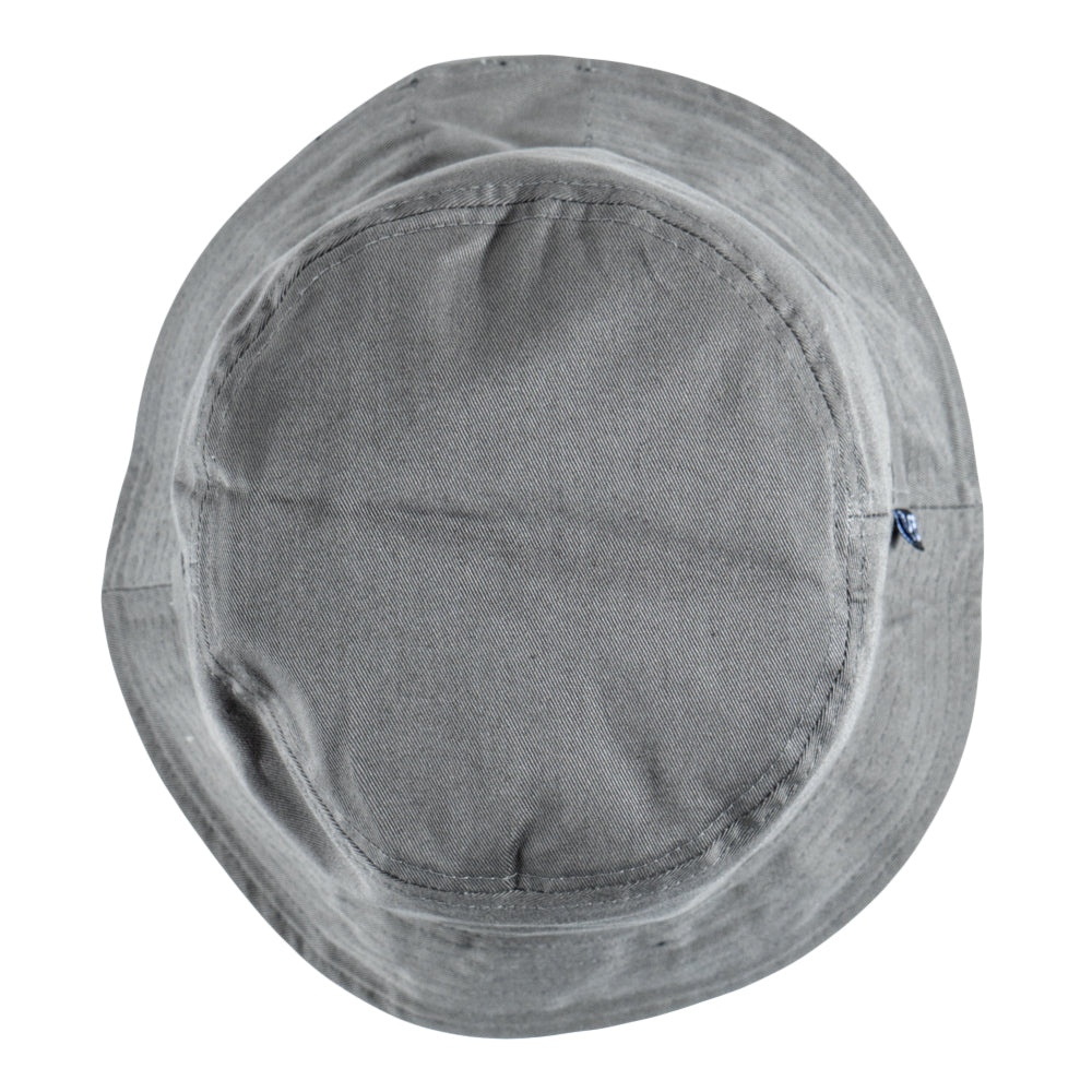 Gray reversible bucket hat, top view with side seam and small tag