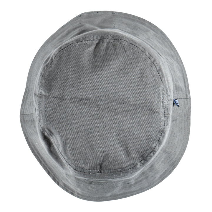 Gray reversible bucket hat, top view with side seam and small tag