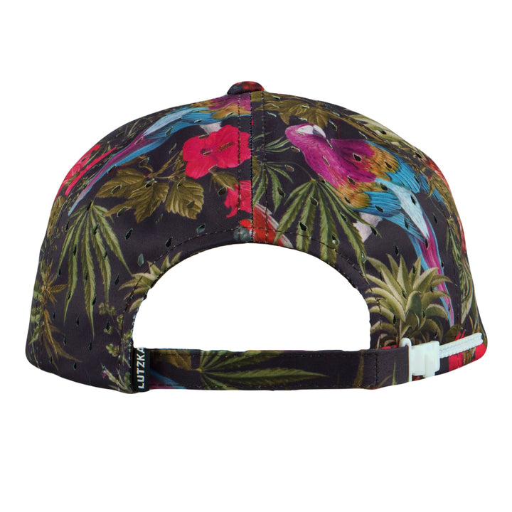 Tropical print zipperback hat with purple, blue, and red flowers; curved brim