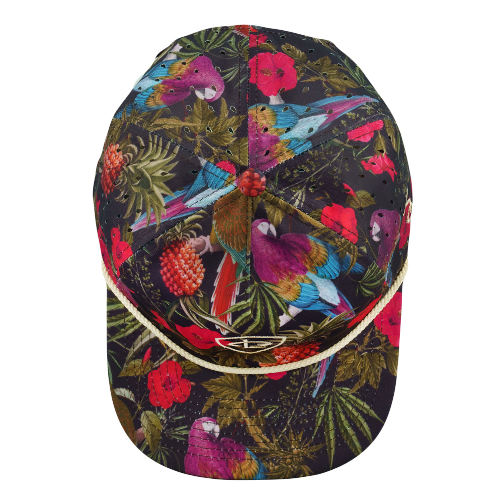 Tropical print zipperback hat, black with purple and red blossoms; front angle