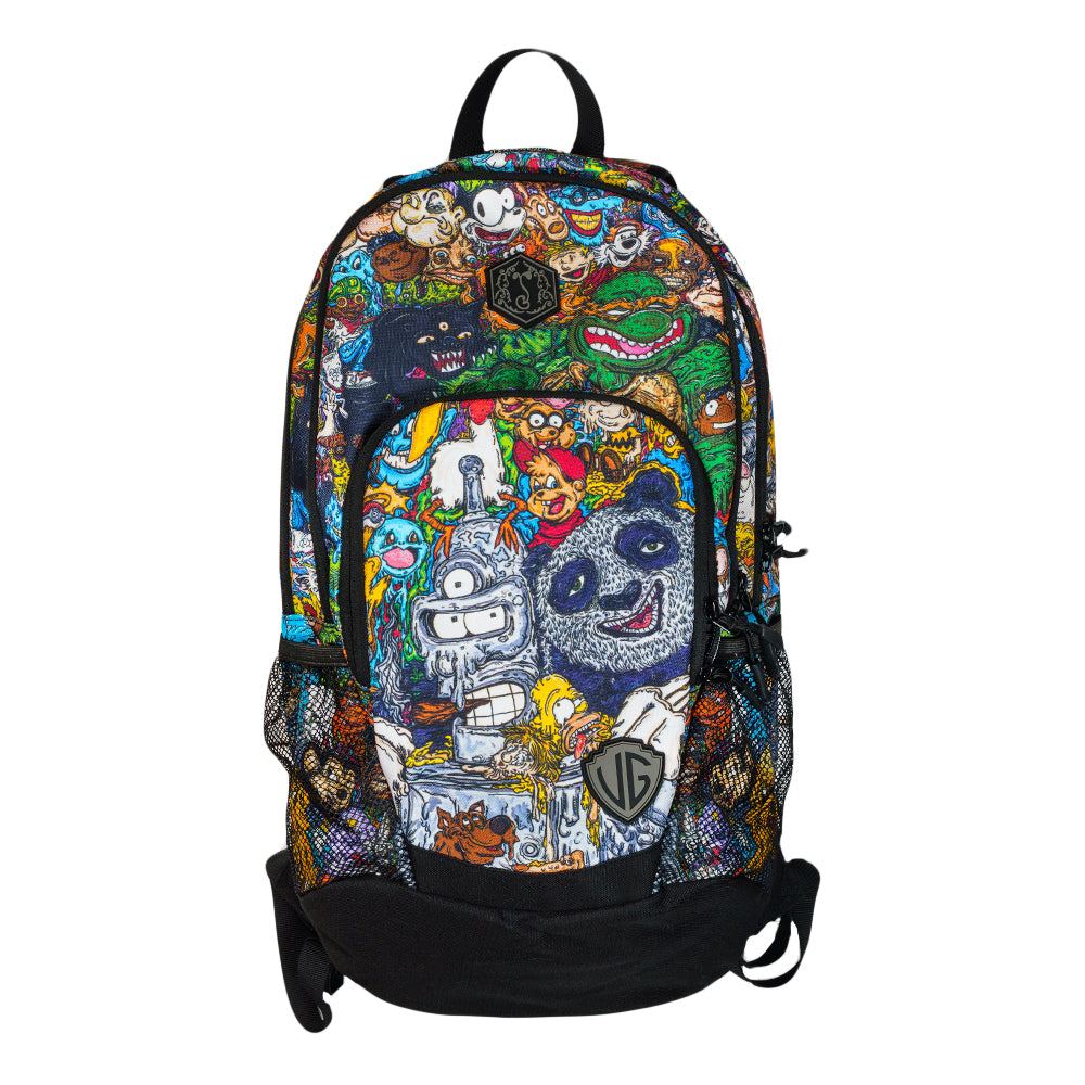 Large hydration backpack, colorful cartoon print front panel, black straps and trim.