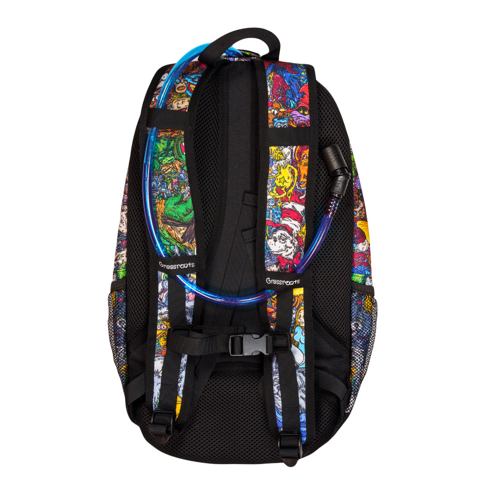 Large hydration backpack back panel with black mesh, blue piping, shoulder straps.