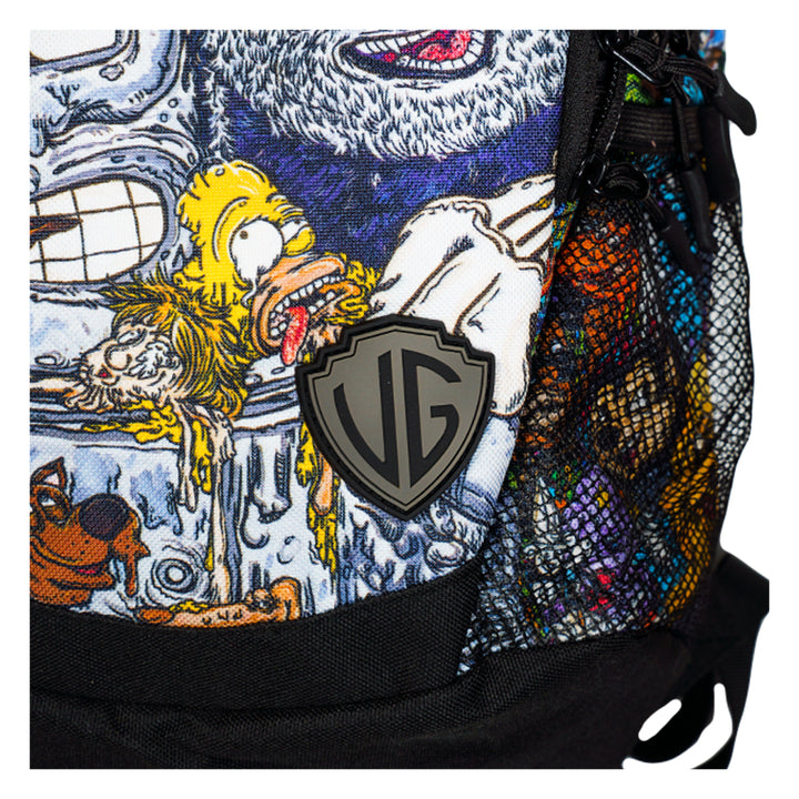 Large hydration backpack side pocket area with black shield logo patch, cartoon fabric.