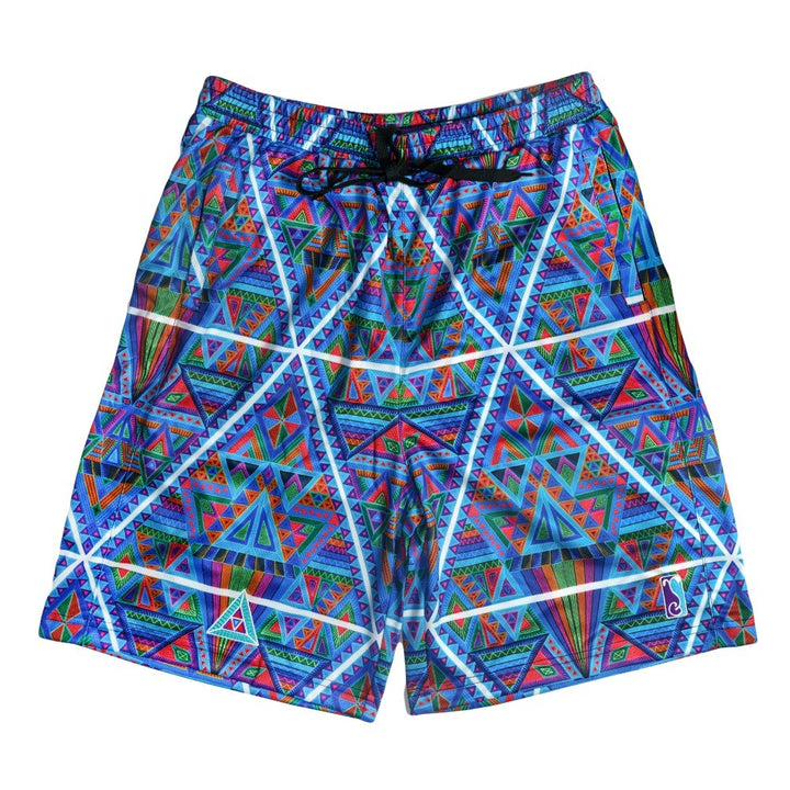 Pantalones cortos de malla azul con triángulos DMT de Chris Dyer