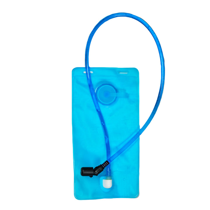 Blue hydration bladder pouch with valve and tubing, includes small cap.