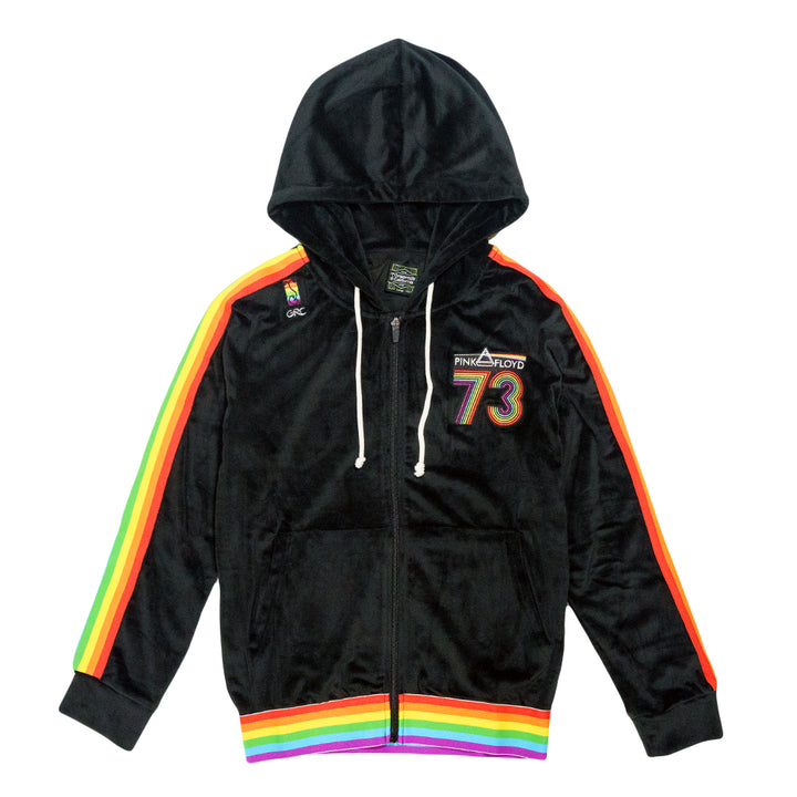 Sudadera con capucha y cremallera de terciopelo arcoíris negro DSOTM V2 de Pink Floyd para mujer 