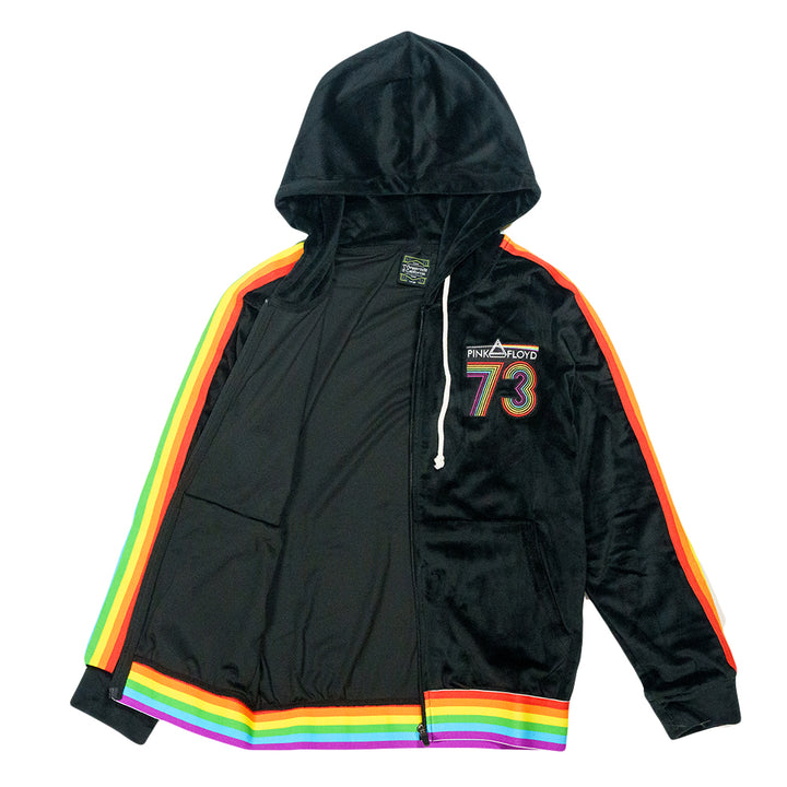 Sudadera con capucha y cremallera de terciopelo arcoíris negro DSOTM V2 de Pink Floyd para mujer 