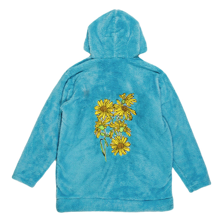Sudadera con capucha de polar sherpa azul con margaritas amarillas de Janis Joplin