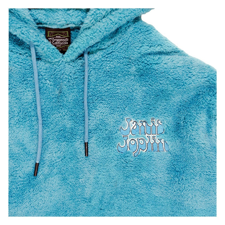 Sudadera con capucha de polar sherpa azul con margaritas amarillas de Janis Joplin