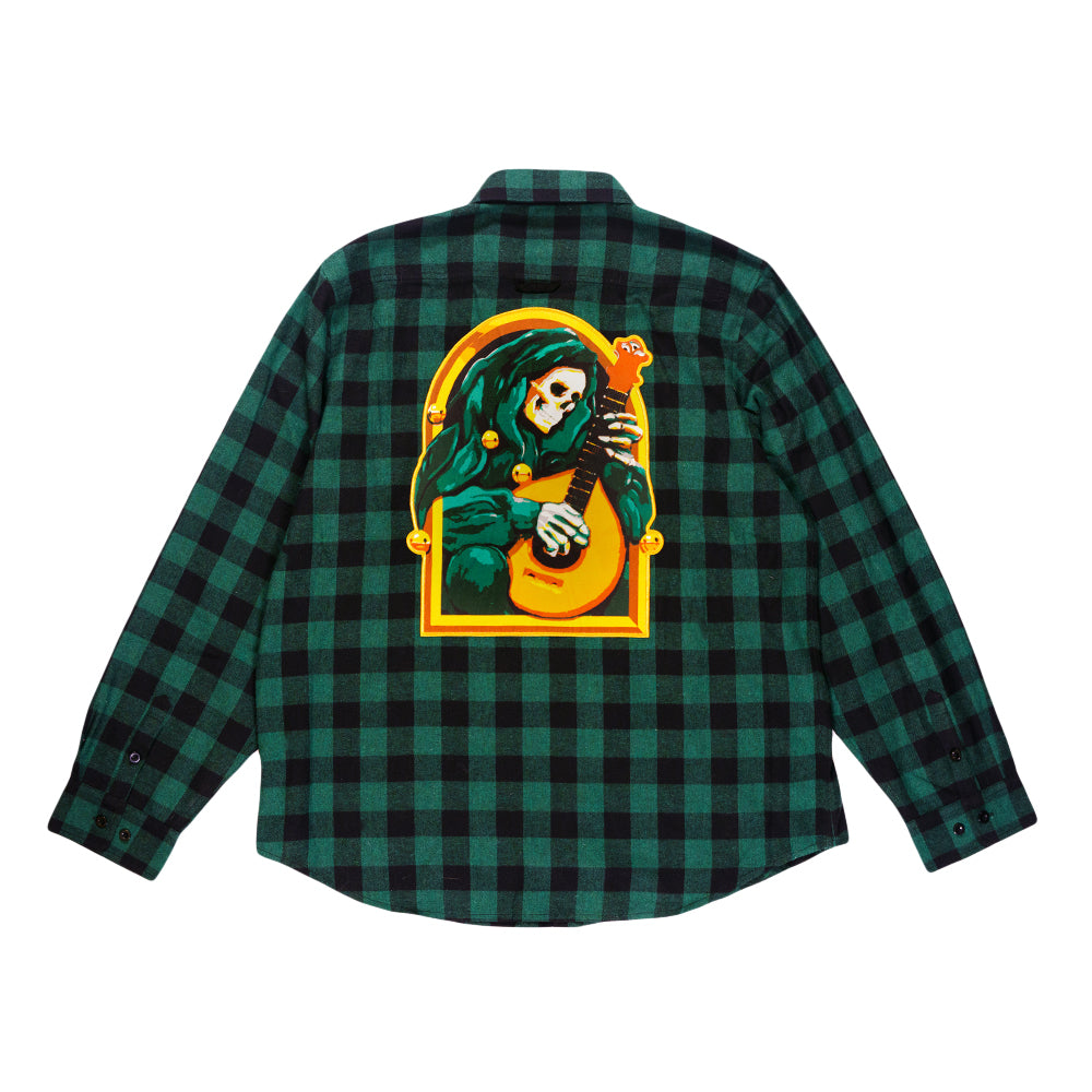 Camisa de franela verde con diseño de bufón y mandolina de Stanley Mouse Never Summer