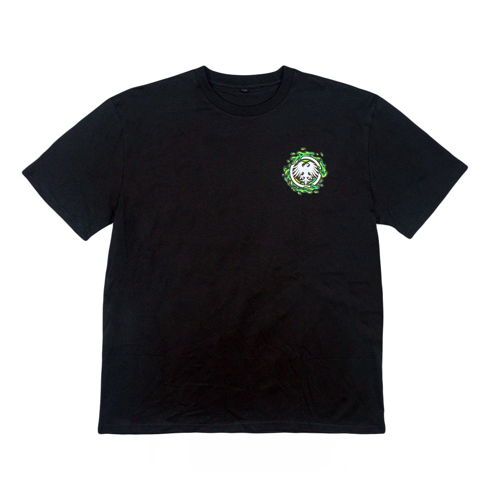 Black T-shirt with small green circular emblem