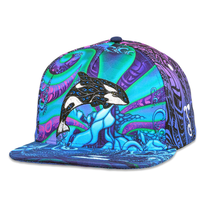 Colorful cap with orca whale design on a white background