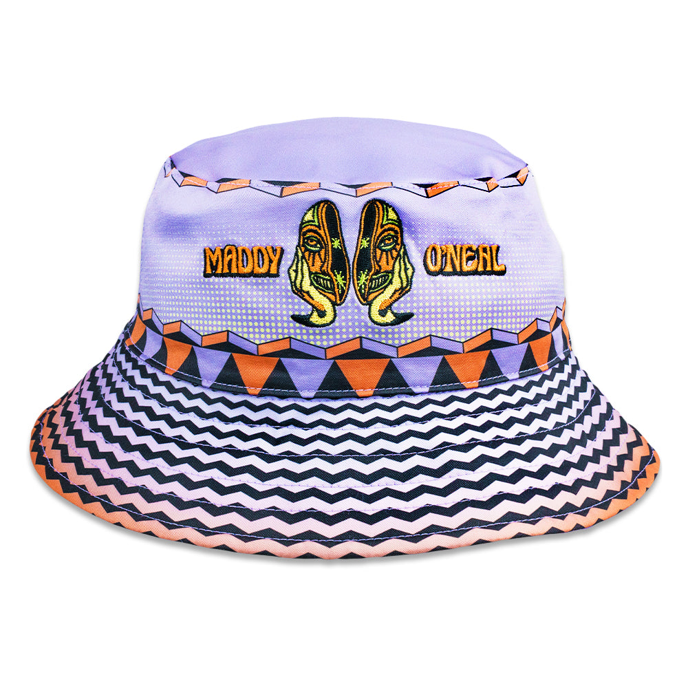 Reversible bucket hat in purple with character graphic and zigzag trim band