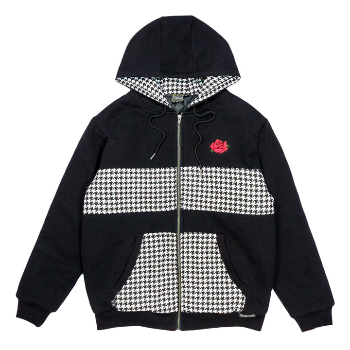 Red Rose Houndstooth Black Zip Up Hoodie