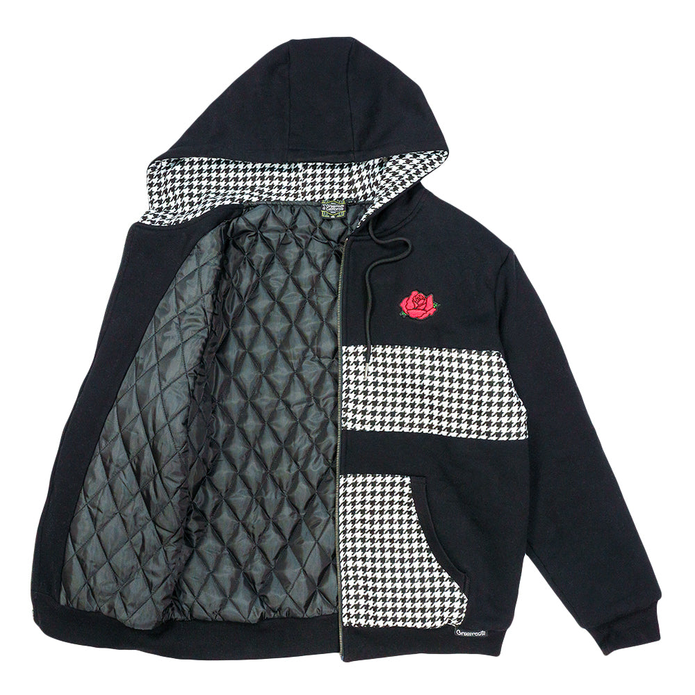 Red Rose Houndstooth Black Zip Up Hoodie