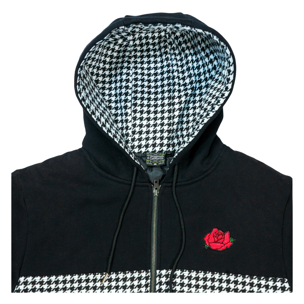 Red Rose Houndstooth Black Zip Up Hoodie