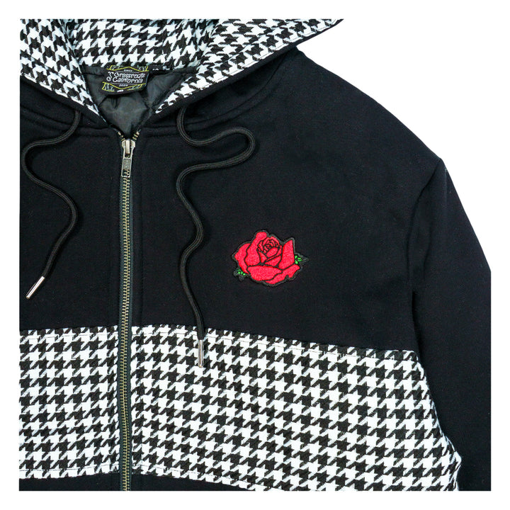 Red Rose Houndstooth Black Zip Up Hoodie