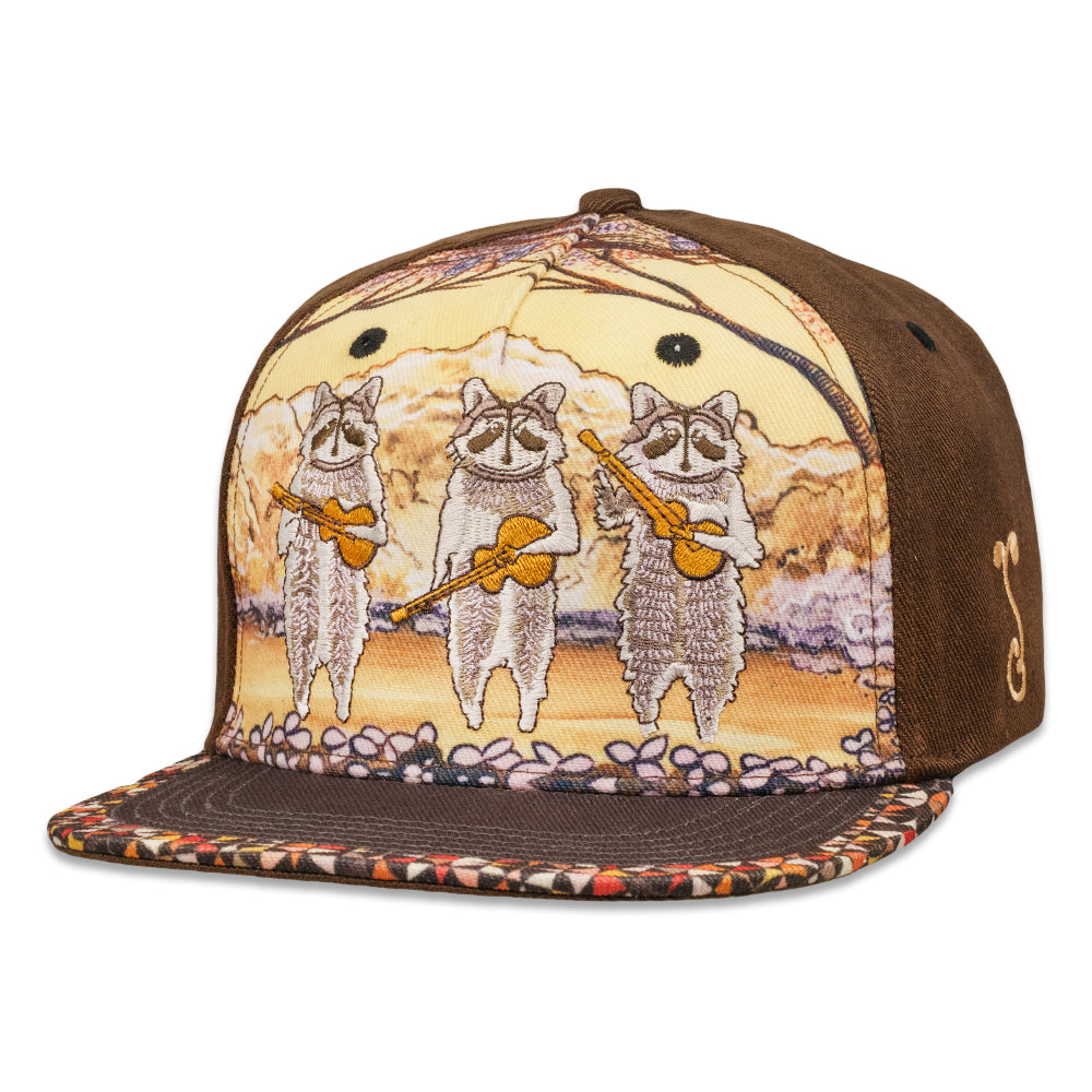 Brown fitted hat with raccoon band graphic, trio of raccoons holding guitars on front panel.