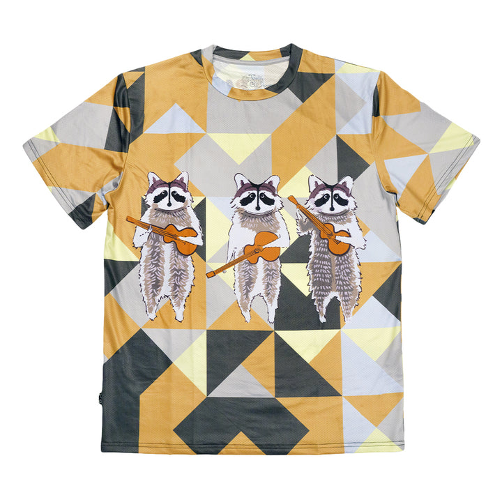 Multicolor geometric T-shirt with three raccoon band member graphics on front
