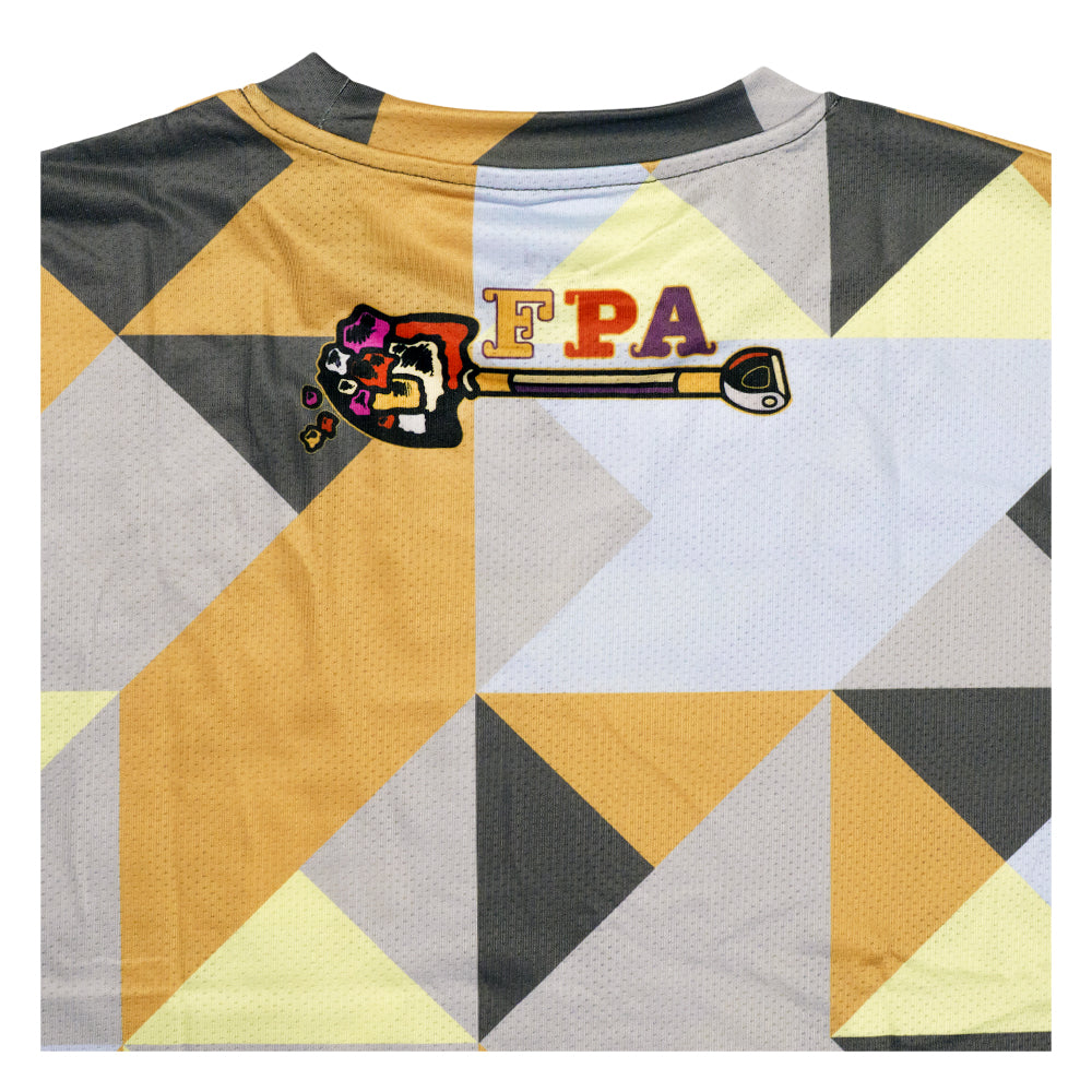 Multicolor geometric T-shirt with 'FPA' logo across chest