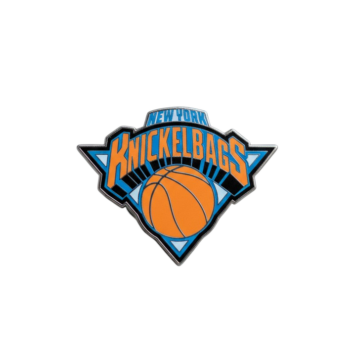 Orange New York Knickelbags pin with basketball and blue badge design