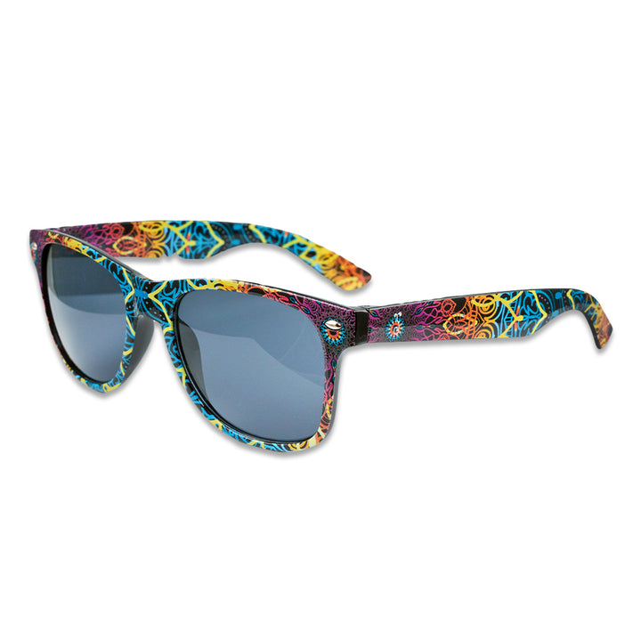 Multi-color patterned sunglasses with dark gray lenses and curved arms